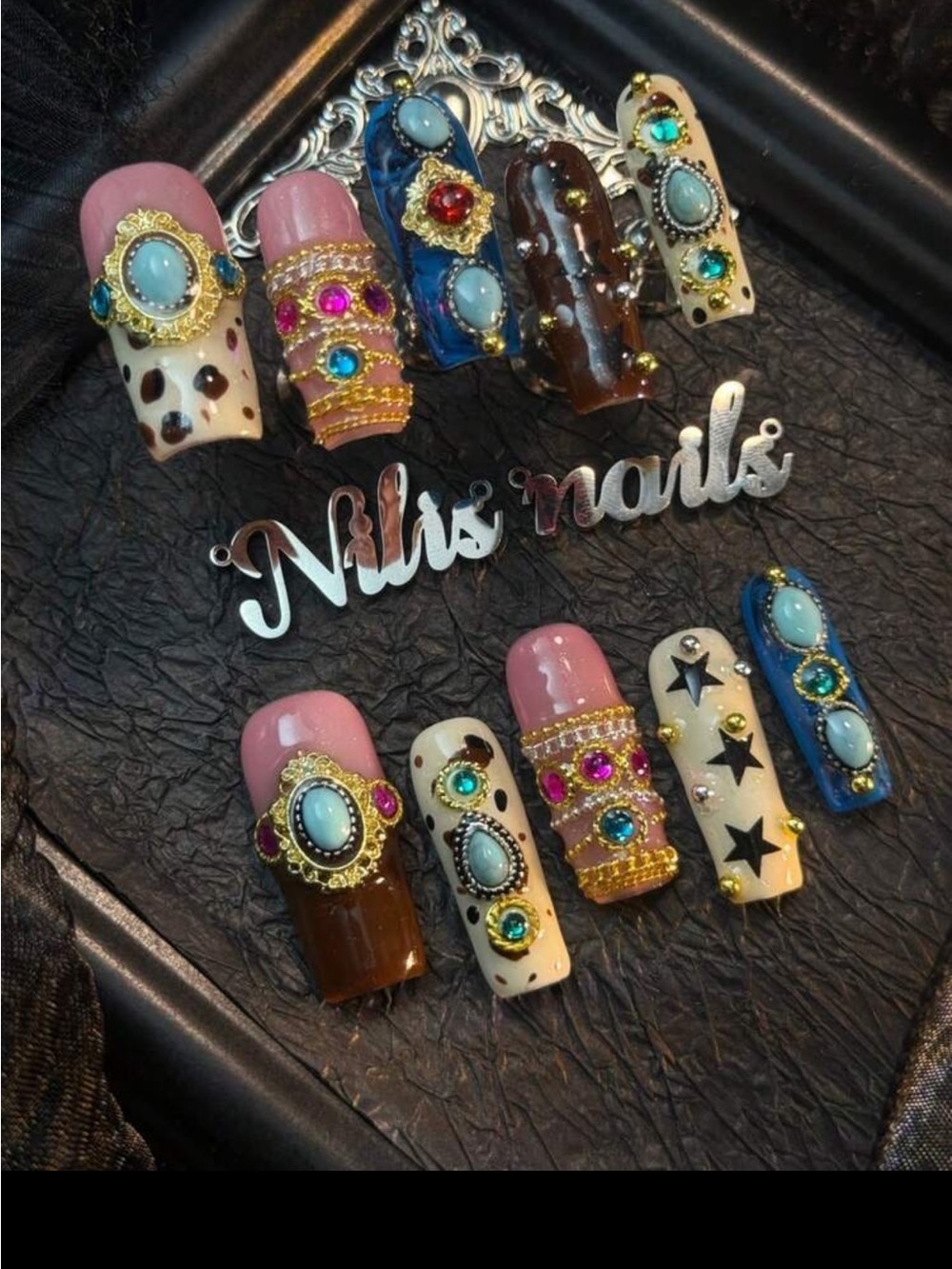 Embellished Jewel Statement Press-On Nails - Blue, Brown, Cream, Pink